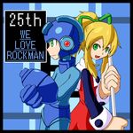  1girl android anniversary arm_cannon back-to-back blonde_hair broom dress green_eyes helmet kumo_(kumo8159) long_hair ponytail rockman rockman_(character) rockman_(classic) roll smile weapon 