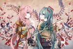  arrow bird blue_eyes crane_(animal) floral_print from_behind green_eyes green_hair hamaya hatsune_miku hexagon ixima japanese_clothes kimono long_hair looking_back megurine_luka multiple_girls pale_skin pink_hair torii twintails very_long_hair vocaloid 