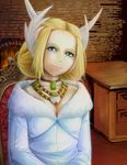  bad_id bad_pixiv_id blonde_hair blue_eyes chair coat desk final_fantasy final_fantasy_xiv fireplace hair_up horns jewelry kan-e-senna lipstick makeup necklace oohiro_rin sitting smile solo 
