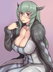  :p alternate_color arm_support bespectacled blush breasts choker cleavage cosplay demon_girl dress fur_trim glasses horns large_breasts long_hair looking_at_viewer maou_(maoyuu) maou_(maoyuu)_(cosplay) maoyuu_maou_yuusha older red_eyes rozen_maiden silver_hair simple_background sitting solo suigintou tongue tongue_out tsuda_nanafushi 