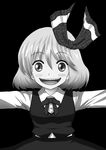  :d black_background blush comic greyscale hair_ribbon highres long_sleeves monochrome niiko_(gonnzou) open_mouth outstretched_arms ribbon rumia short_hair simple_background smile solo touhou upper_body vest 