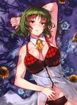  arm_up armpits between_breasts black_panties breasts cleavage detached_collar flower frills g.h_(gogetsu) green_hair highres kazami_yuuka large_breasts lipstick lying makeup navel necktie necktie_between_breasts on_back panties red_eyes sleeveless solo sunflower touhou underwear watering_can 