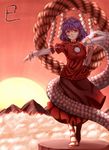  anklet blouse breasts cloud frown full_body jewelry long_sleeves looking_at_viewer medium_breasts mirror mountaintop onbashira open_hand outstretched_arm purple_hair red_eyes rope sandals shide shimenawa short_hair skirt snake solo souji@gaakura-chu touhou twilight yasaka_kanako 