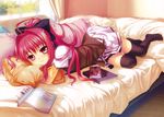  absurdres bed black_legwear book corticarte_apa_lagranges highres huge_filesize kannatsuki_noboru magazine pillow pillow_hug pink_eyes pink_hair scan school_uniform shinkyoku_soukai_polyphonica solo thighhighs 