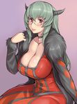  :p arm_support bespectacled blush breasts choker cleavage cosplay demon_girl dress fur_trim glasses horns large_breasts long_hair looking_at_viewer maou_(maoyuu) maou_(maoyuu)_(cosplay) maoyuu_maou_yuusha older red_eyes rozen_maiden silver_hair simple_background sitting solo suigintou tongue tongue_out tsuda_nanafushi 