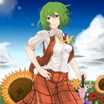  ascot bad_id bad_pixiv_id breasts closed_umbrella cloud day field flower flower_field green_hair highres kazami_yuuka konoshita_kiyomasa medium_breasts open_mouth plaid red_eyes red_flower red_rose rose shirt short_hair skirt sky smile solo sun sunflower touhou umbrella vest 