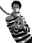  1boy alternate_costume bound bound_wrists chained chains collar cuffs earrings facial_hair goatee handcuffs impel_down jewelry male male_focus monochrome off_shoulder one_piece prisoner simple_background solo striped striped_clothes trafalgar_law 