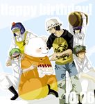  3boys apron bear bepo birthday boots cabbie_hat dated earflap_hat hat hat_pompom headband heart_pirates hood hoodie jolly_roger jumpsuit male male_focus multiple_boys one_piece penguin_(one_piece) purple_hat raglan_sleeves shachi_(one_piece) trafalgar_law 