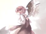  adapted_costume animal_ears backless_outfit brown_dress closed_eyes dress highres lispict long_sleeves mystia_lorelei no_hat no_headwear open_mouth pink_hair shirt smile solo touhou wide_sleeves wings 