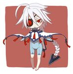  ahoge arin66 barefoot blade blazblue bodysuit braid cape chibi crotch_plate eyepatch huge_ahoge long_hair md5_mismatch nu-13 red_eyes silver_hair single_braid solo very_long_hair white_hair 