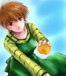  blush brown_eyes brown_hair dress earrings fate/stay_night fate_(series) fujimura_taiga jewelry short_hair smile solo striped stud_earrings tennoji_mei 