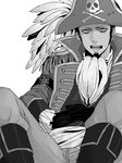  1boy alternate_clothes alternate_costume boots hat jacket male male_focus monochrome one_piece pirate pirate_hat sitting solo trafalgar_law 