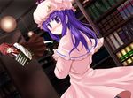  a_(aaaaaaaaaaw) back blush book bookshelf bow candle capelet crescent dress flying hair_bow hat head_wings koakuma library long_hair multiple_girls necktie open_mouth patchouli_knowledge purple_eyes purple_hair red_hair ribbon skirt touhou vest voile wings 