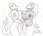  anthro big_breasts black_and_white breasts charmeleon cinder cinder_(character) couple dragon-heart duo female grovyle huge_breasts lesbian looking_at_viewer monochrome nintendo nipples nude pok&#233;mon pok&#233;morph pok&eacute;mon sketch smish squish video_games zackora zackora_(character) 