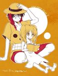  1boy 1girl age_difference barefoot book dress duo hat misatoyuhu monkey_d_luffy nami nami_(one_piece) one_piece one_piece_film_z orange_hair pixiv_thumbnail reading resized sitting straw_hat young younger 