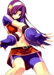  1girl asamiya_athena belt bike_shorts gloves headband king_of_fighters midriff navel purple_eyes purple_hair skirt snk solo spandex star 