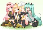  3girls ahoge aqua_eyes bad_id bad_pixiv_id blonde_hair blue_eyes boots cheek_poking closed_eyes colorized cross-laced_footwear green_eyes green_hair hair_ribbon hatsune_miku highres hug inaresi kagamine_len kagamine_rin lace-up_boots long_hair megurine_luka multiple_girls necktie one_eye_closed open_mouth pink_hair poking ribbon shunkashuutou sitting skirt smile thigh_boots thighhighs twintails very_long_hair vocaloid 