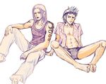  2boys blue_hair brothers docco franky full_body goggles goggles_on_head iceburg male male_focus multiple_boys one_piece pixiv_thumbnail resized siblings sitting speedo swim_briefs tattoo water_7 young younger 