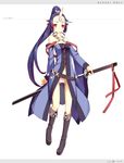  aoi_tsunami artist_name blue_hair boots detached_sleeves high_ponytail highres horn jiangshi long_hair ofuda oni_horns original panties red_eyes solo sword underwear very_long_hair weapon white_panties 