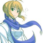  ahoge artoria_pendragon_(all) blonde_hair blue_scarf breath coat fate/stay_night fate_(series) fue_(rhomphair) green_eyes hair_ribbon ribbon saber scarf simple_background solo upper_body white_background 