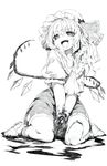  absurdres ascot blood bloody_hands flandre_scarlet graphite_(medium) greyscale hat highres long_hair monochrome open_mouth oshake side_ponytail sitting solo touhou traditional_media wariza wings 
