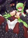  1girl black_beat bodysuit breast_sucking breasts clenched_teeth female green_hair highres large_breasts superhero teeth tentacle through_clothes tied tied_up vaginal visor you_gonna_get_raped 
