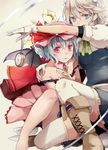  bare_legs bare_shoulders bat_wings blue_eyes blue_hair boots braid detached_collar evers flower gloves hat hat_ribbon highres izayoi_sakuya looking_at_viewer maid_headdress mob_cap multiple_girls pocket_watch red_eyes remilia_scarlet ribbon roman_numerals short_hair silver_hair simple_background smile thighhighs touhou watch white_gloves white_legwear wings 