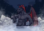  anthro bath biceps black_scales black_skin boulevard dragon fangs horn hot_spring looking_at_viewer male muscles nature nude outside pecs pose red_eyes red_skin scales scalie solo suggestive toned water wet wings 