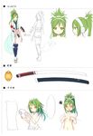  :&lt; aoi_tsunami blank_speech_bubble blush character_sheet covering covering_breasts green_hair headphones headphones_removed highres holding_headphones katana maeda_keiji_(sengoku_collection) multiple_views navel nose_blush nude open_mouth original pointy_ears profile sengoku_collection speech_bubble squiggle sword tears turnaround weapon yellow_eyes 