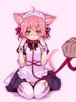  ahoge alternate_costume animal_ears apron blush cat_ears cat_tail collar enmaided garter_straps hetero kemonomimi_mode komeiji_satori leash looking_at_viewer maid maid_headdress minamura_haruki out_of_frame pink_eyes pink_hair pov pov_hands short_hair sketch solo_focus tail thighhighs touhou white_legwear 