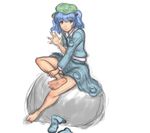  barefoot blue_eyes blue_footwear blue_hair blush boots boots_removed hair_bobbles hair_ornament hat highres kawashiro_nitori kuro_suto_sukii open_mouth rock shoes_removed short_hair sitting skirt sleeves_pushed_up smile solo touhou two_side_up 