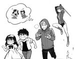  2girls b-suke blush buruma child comic creator_connection crossover crying crying_with_eyes_open empty_eyes fate/zero fate_(series) fleeing fujimura_taiga greyscale hairband hood hoodie imagining jacket kneehighs matou_kariya matou_sakura monochrome multiple_boys multiple_girls nanaya_shiki non-web_source o_o ponytail shinai shoes student_no._0 sword tears teenage thought_bubble toono_akiha toono_shiki toosaka_rin track_jacket tsukihime turn_pale weapon you_gonna_get_raped younger 