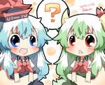 ? artist_name bad_id bad_twitter_id blue_eyes blue_hair blush bow dated dual_persona ex-keine fang green_hair hands hat horns kamishirasawa_keine long_hair minigirl multiple_girls open_mouth rebecca_(keinelove) red_eyes signature smile tail touhou 