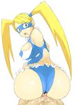  1girl ass bad_id blonde_hair blue_eyes breasts bushizo buttjob capcom censored cum erect_nipples highres huge_ass long_hair looking_back lying mask open_mouth penis pointless_censoring rainbow_mika sideboob simple_background sitting street_fighter street_fighter_zero street_fighter_zero_3 twintails white_background 