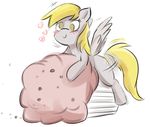  amber_eyes blonde_hair blush derpy_hooves_(mlp) equine female feral food friendship_is_magic hair hearts humping mammal muffin my_little_pony pegasus plain_background solo unknown_artist white_background wings 