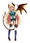  1girl blonde_hair breasts demon_girl enoko_(zqfebi) fangs ga_no_kitsune highres horns large_breasts long_hair long_tongue monster_girl simple_background single_wing succubus tail tongue white_background wings 