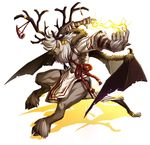  antlers ars_goetia electricity fur furfur_(mygrimoire) horn_(instrument) horns kyousaku looking_at_viewer male_focus monster monster_boy mygrimoire outstretched_arm simple_background solo spikes tabard white_background wings yellow_eyes 
