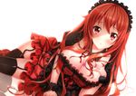  :o black_legwear breast_tattoo breasts cleavage dress frills garter_straps large_breasts long_hair maid_headdress maou_(maoyuu) maoyuu_maou_yuusha red_eyes red_hair solo swordsouls tattoo thighhighs wristband 