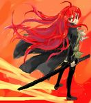  coat katana long_hair looking_back lowres pconcon red_eyes red_hair shakugan_no_shana shana solo sword tegaki weapon 