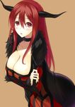  blush breasts brown_background choker cleavage dress highres horns huge_breasts kauto long_hair looking_at_viewer maou_(maoyuu) maoyuu_maou_yuusha red_dress red_eyes red_hair simple_background solo 