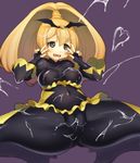  1girl bad_end_peace bad_end_precure blonde_hair blush bodysuit breasts bukkake cameltoe clothed_navel cum cum_on_body cum_on_lower_body cum_on_upper_body dark_persona double_v dress earrings empty_eyes erect_nipples feet fingerless_gloves gloves hair_ornament heart jewelry kazutani_ninshi leaning_back long_hair magical_girl navel open_mouth ponytail precure purple_background saliva simple_background sitting small_breasts smile smile_precure! solo thighs v wadani_hitonori yellow_eyes 