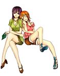  2girls black_hair book female green_shirt jewelry multiple_girls nami nami_(one_piece) namirobi necklace nico_robin one_piece orange_hair pixiv_manga_sample polka_dot_shirt sandals shirt shorts simple_background sitting smile white_background 