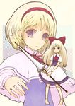  alice_margatroid aoyagi_neko apron ascot bad_id bad_pixiv_id blonde_hair blush bow capelet doll doll_joints dress hair_bow hairband highres lance long_hair open_mouth polearm purple_eyes ribbon shanghai_doll short_hair skirt touhou weapon 