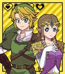  1girl belt blonde_hair blue_eyes brown_hair earrings gloves hand_on_hip hat heart jewelry link long_hair lowres pointy_ears princess_zelda rainohmok3 smile the_legend_of_zelda the_legend_of_zelda:_twilight_princess tiara 