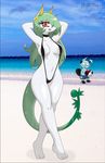  beach bikini clothing dewott female green_hair hair looking_at_viewer male mammal mustelid nintendo otter pok&#233;ball pok&#233;mon pok&#233;morph pok&eacute;mon razplus red_eyes reptile scalie seaside serperior sling_bikini snake swimsuit tight_clothing video_games white_skin 