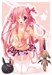  ;d animal_ears bare_shoulders breasts bunny_ears highres large_breasts long_hair one_eye_closed open_mouth original pink_hair plaid plaid_skirt purple_eyes skirt smile solo star stuffed_toy twintails v yayoi_and_nagi 