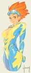  1girl bodysuit breasts brown_eyes doxy large_breasts my_little_pony my_little_pony_friendship_is_magic navel orange_hair personification short_hair signature solo spitfire spitfire_(my_little_pony) 