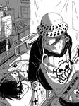  bandage bed curtain curtains doctor hat hat_over_eyes hood hoodie hospital_bed intravenous_drip jolly_roger lying male male_focus medical monkey_d_luffy monochrome multiple_boys on_back one_piece oxygen_mask patient pirate raglan_sleeves sitting sleeping stethoscope tattoo trafalgar_law unconscious watching 