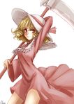  absurdres blonde_hair dress drill_hair elly hat highres holding holding_scythe kuronuko_neero red_eyes scythe short_hair sketch smile solo touhou touhou_(pc-98) 