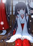  :o banned_artist between_legs black_eyes black_hair blush hand_between_legs japanese_clothes long_hair looking_at_viewer miko mirai_(macharge) multiple_girls open_mouth original sitting smile snowing socks v very_long_hair 